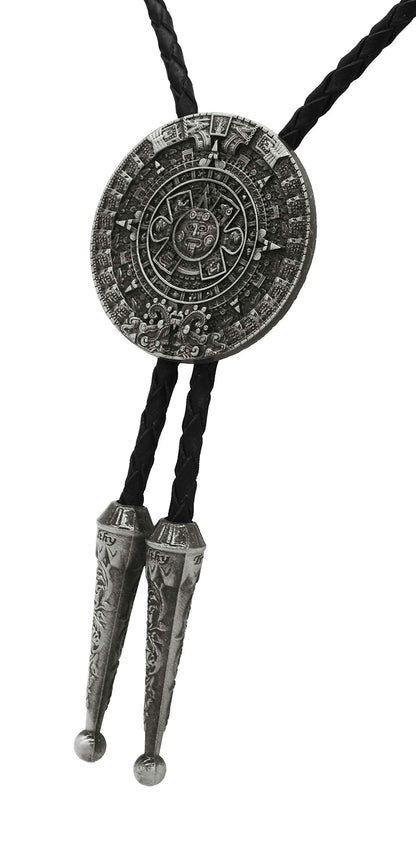 Moranse Bolo tie With Pewter Aztec Calendar Circle Design Cowboy Two Colors (Silver)