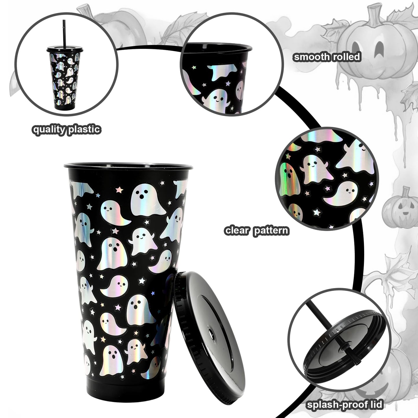 Whaline 12Pcs Halloween Ghost Plastic Cups Holographic Black Iridescent Boo Plastic Tumbler Reusable Cold Cup with Straw and Lids for Home Office Party Supplies