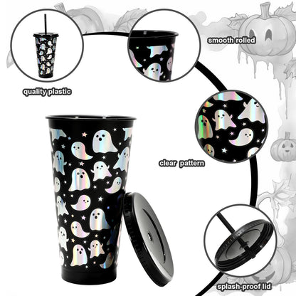 Whaline 12Pcs Halloween Ghost Plastic Cups Holographic Black Iridescent Boo Plastic Tumbler Reusable Cold Cup with Straw and Lids for Home Office Party Supplies