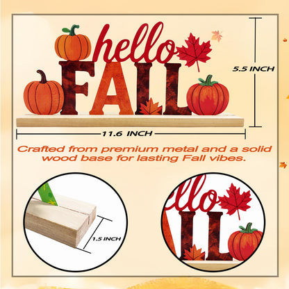 LianheCy Hello Fall Metal Sign with Wooden Base Freestanding Rustic Pumpkin Tabletop Decor Tiered Tray Centerpiece Autumn Decorations for Home Mantel Shelf Fireplace Office
