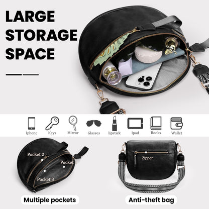 Leather Crossbody Fanny Pack Trendy Bum Bag Double Zip Multi Compartment with 2 Adjustable Straps Daily Belt Purse for Women