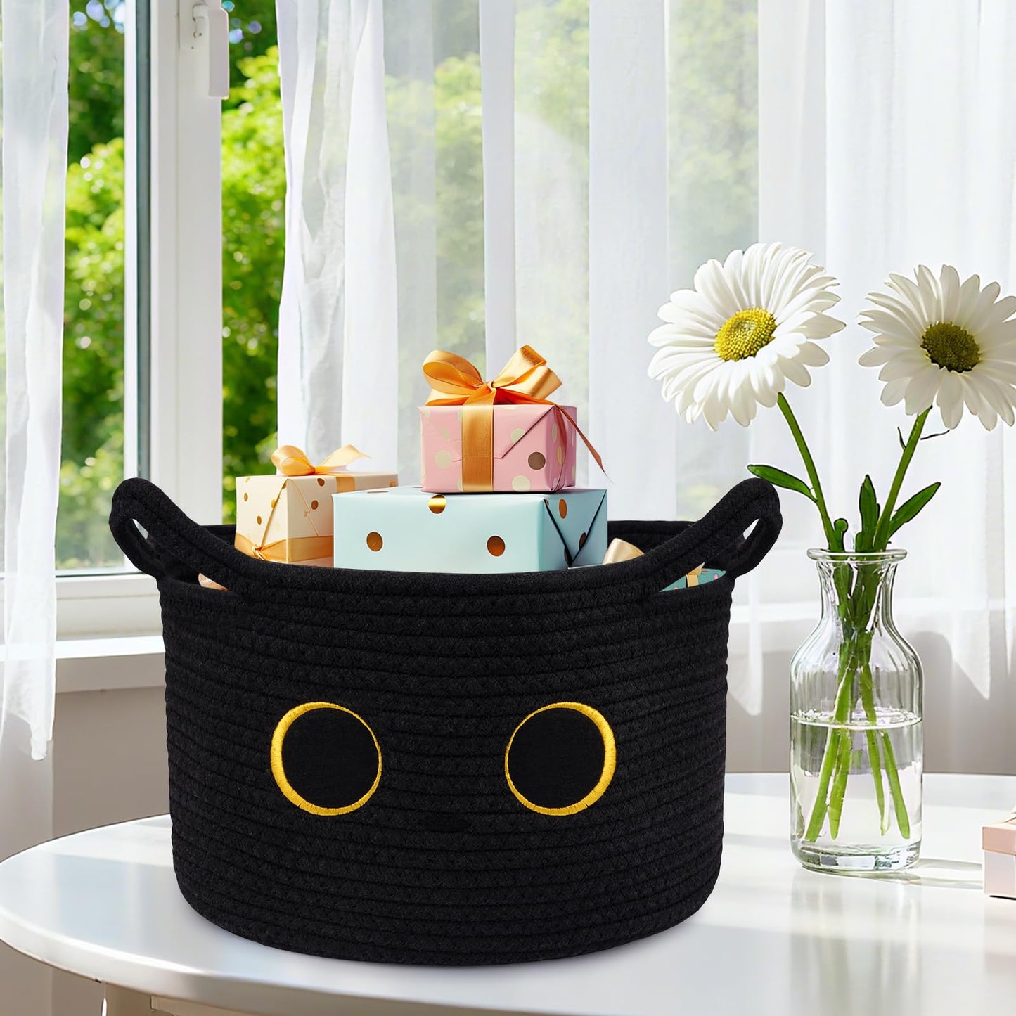 Hkojewp Cute Cat Toy Basket, Large Cotton Rope Toy Bin Box for Cats Bin, Oval Baby 0rganize Blanket Shower Hamper with Handles, Decorative Storage Cat Bin, Halloween Decor,13"D x 8"H in