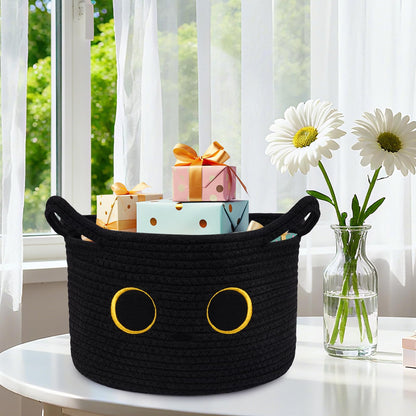Hkojewp Cute Cat Toy Basket, Large Cotton Rope Toy Bin Box for Cats Bin, Oval Baby 0rganize Blanket Shower Hamper with Handles, Decorative Storage Cat Bin, Halloween Decor,13"D x 8"H in
