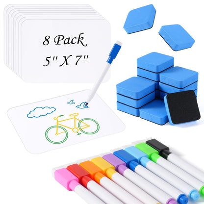Mini White Boards for Students, 8 Pack 5 x 7 Inch Double-Sided Dry Erase Boards with Markers & Erasers, Reusable Small Lap Boards for Classroom Teacher Student Interactive Learning