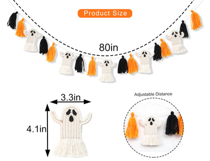 Halloween Ghosts Garland - Macrame Halloween Decor, Halloween Party Decor, Halloween Ghosts Hanging Decorations, Halloween Ghosts Tassel Banner Decor