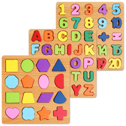 Alphabet Wooden Puzzles for Toddlers 3-5, Pack of 3 ABC, Number and Shape Puzzle, Preschool Educational Learning Toys with Puzzle Board & Letter Blocks for Girls Boys Ages 3 4 5 Years Old