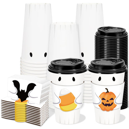Whaline 60 Set Halloween Disposable Coffee Cups with Lids and Bat Candy Cone Pumpkin Sleeves 16 Oz Ghost Paper To Go Cups for Trick or Treat Party Supplies