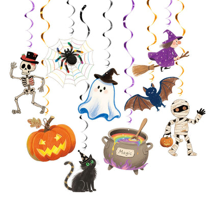 AimtoHome Halloween Hanging Party Decorations, 48 Pcs,Ceiling Decor Indoor Swirl Witches Cauldron Ghost Pumpkin Skull Cat Witch Party Supplies Sign,Black Purple Orange
