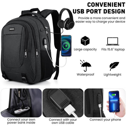 WINDARS Backpack for Men and Women, School Backpacks for Teens Boys, 15.6 Inch Large College Bookbag Durable Computer Laptop Bag with USB Charger Port for Business Work Travel, Black