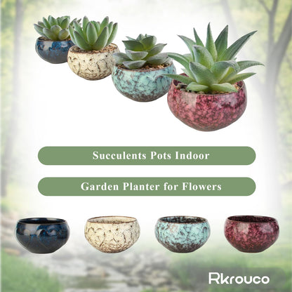Rkrouco Ceramic Plants Pots 3 Inch Set of 4 Flower Pots with Drainage and Bamboo Tray for Indoor/Outdoor Small House Plants,Foliage Plant