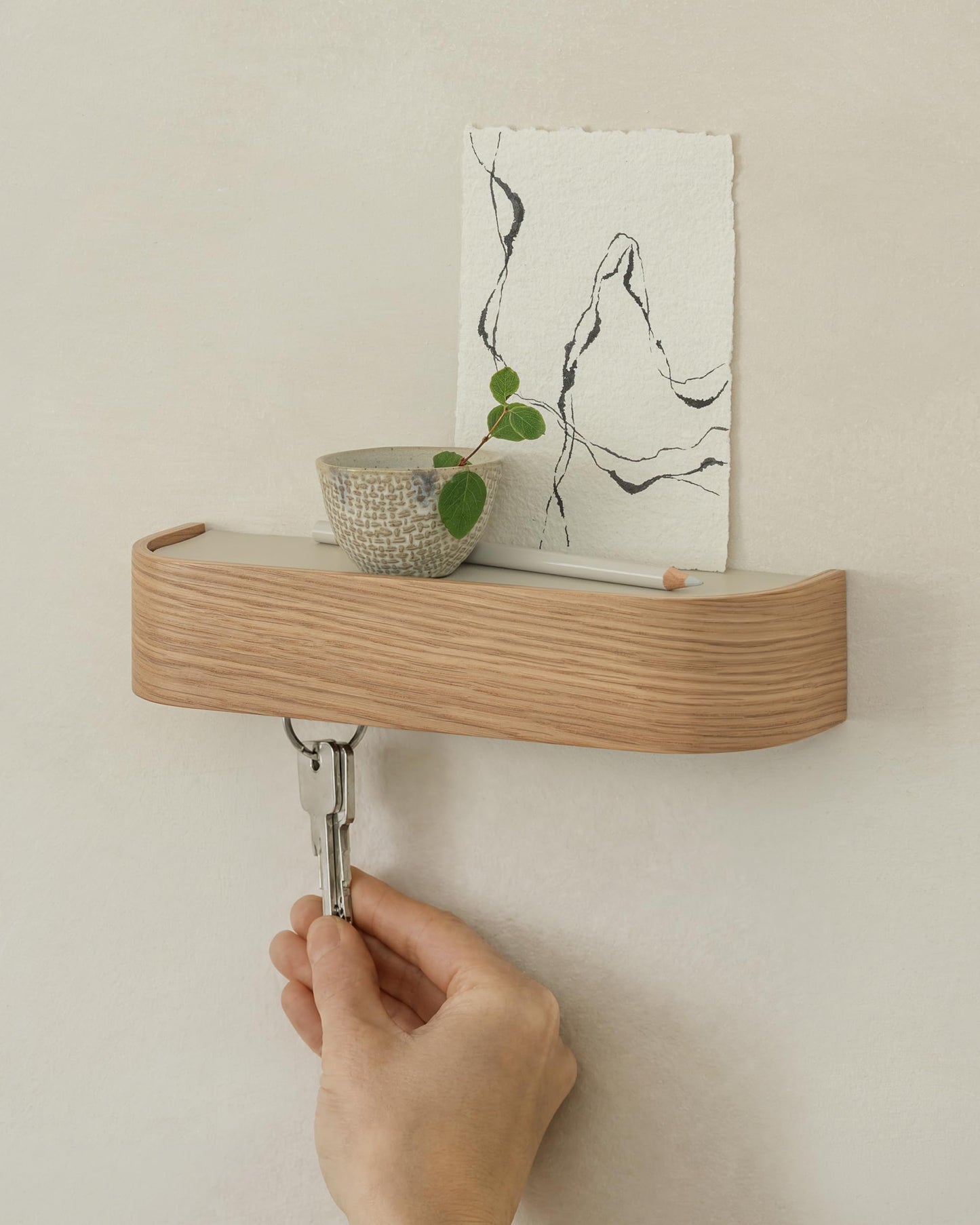 Kazai. Key Holder 'Toke' | Minimalist Key Hook Design from Berlin | Modern Key Holder Wall Mount with Wooden Shelf | Key Rack for Wall as Entryway Organizer | Oak