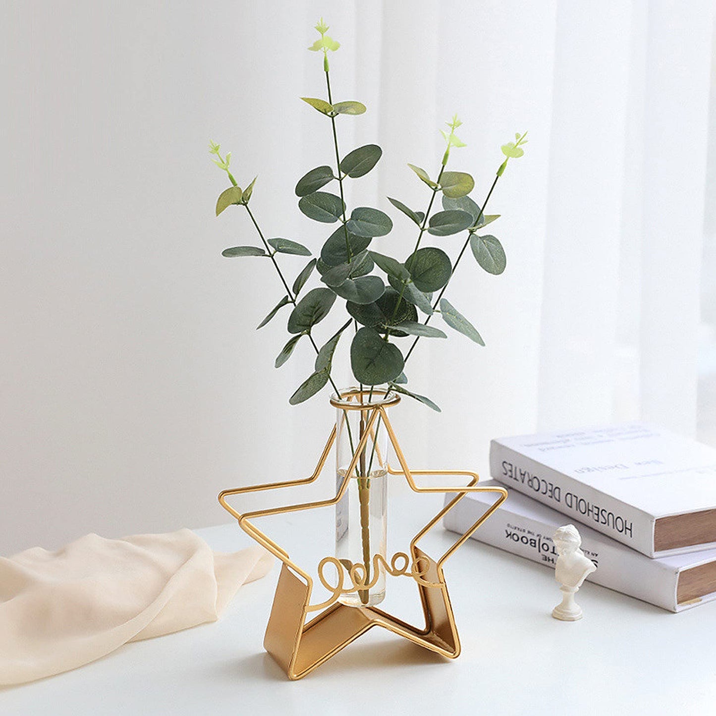 Glass Flower Vase with Metal Frame,Modern Creative Geometric Clear Vase for Flower Centerpieces Decorative,Desktop Hydroponics Vase Plant Terrarium for Home Office Decoration (Gold Star-Love)
