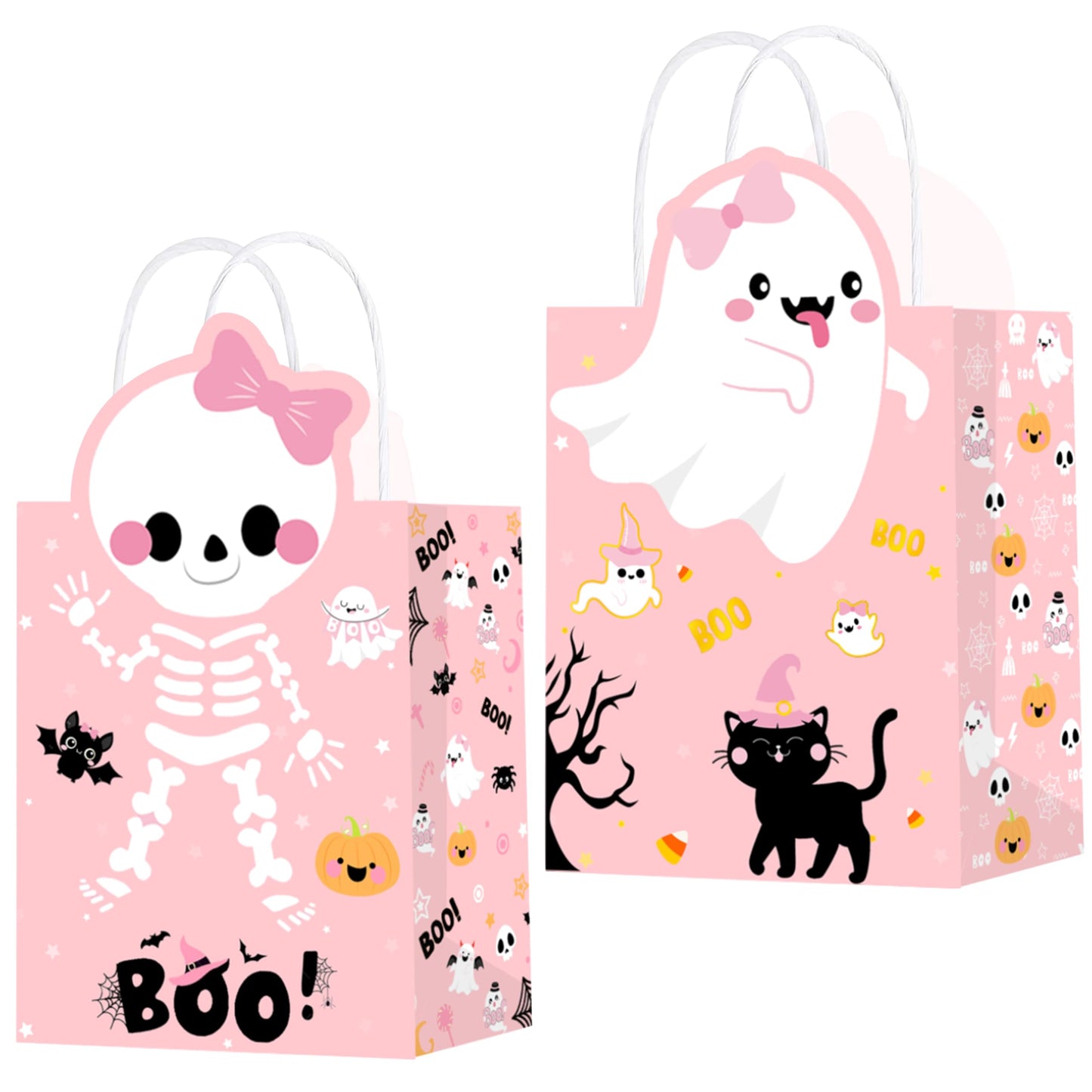 C L cooper life Halloween Party Tote Gift Bags with Handles 12pcs Pink Halloween Ghost Skull Candy Goodies Bags for Girls Ghost Bat Pumpkin Themed Trick or Treat Party Favor Supplies