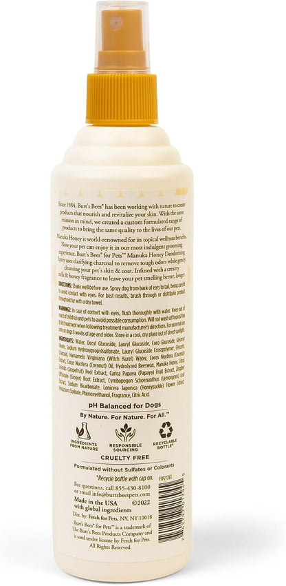 BURT'S BEES FOR PETS Deodorizing Spray for Dogs, Manuka Honey & Charcoal, Reduces Odor Between Baths, 95%+ Natural Origin, No Artificial Fragrance, Sulfates or Colorants, Milk & Honey Scent, 10 Fl Oz