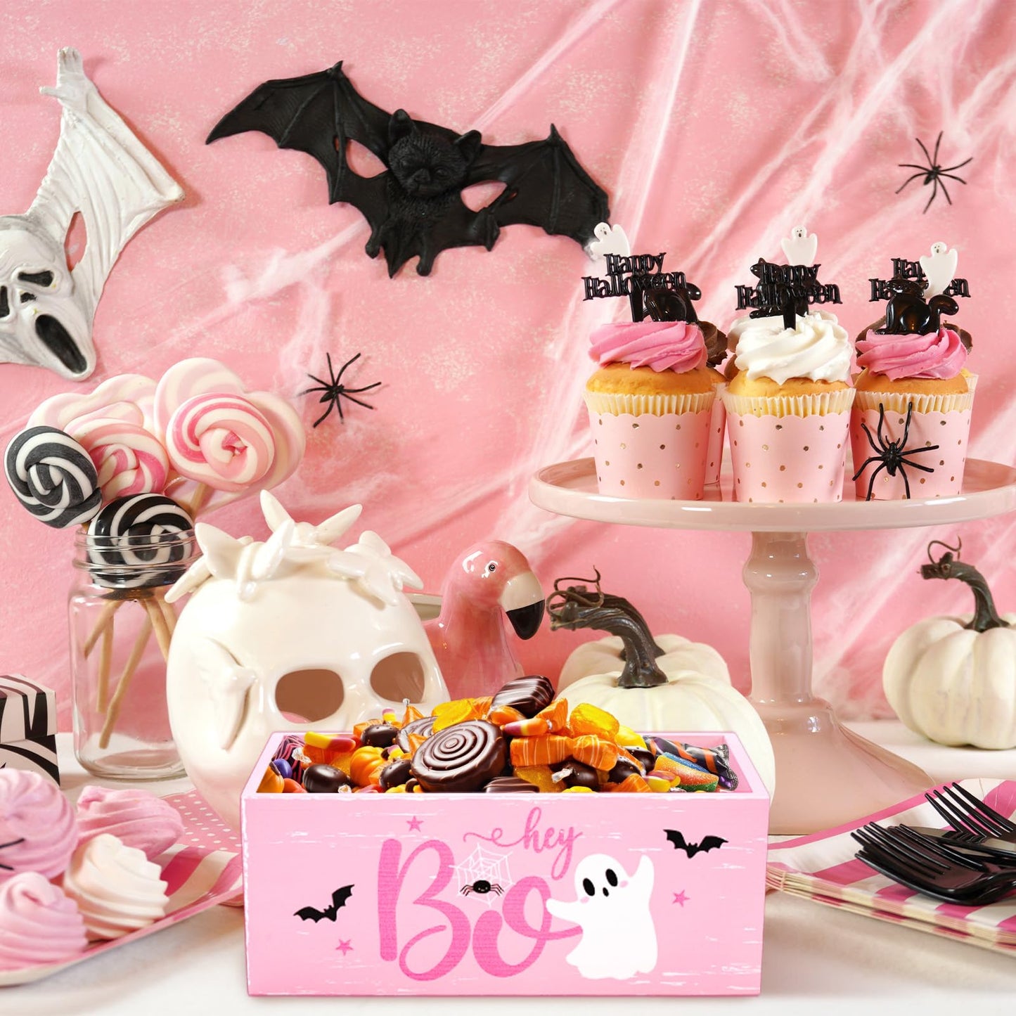 JarThenaAMCS Halloween Candy Bowl Cute Ghost Boo Candy Dish Holder Pink Wooden Serving Bowl for Table Home School Office Trick or Treat Party Decor