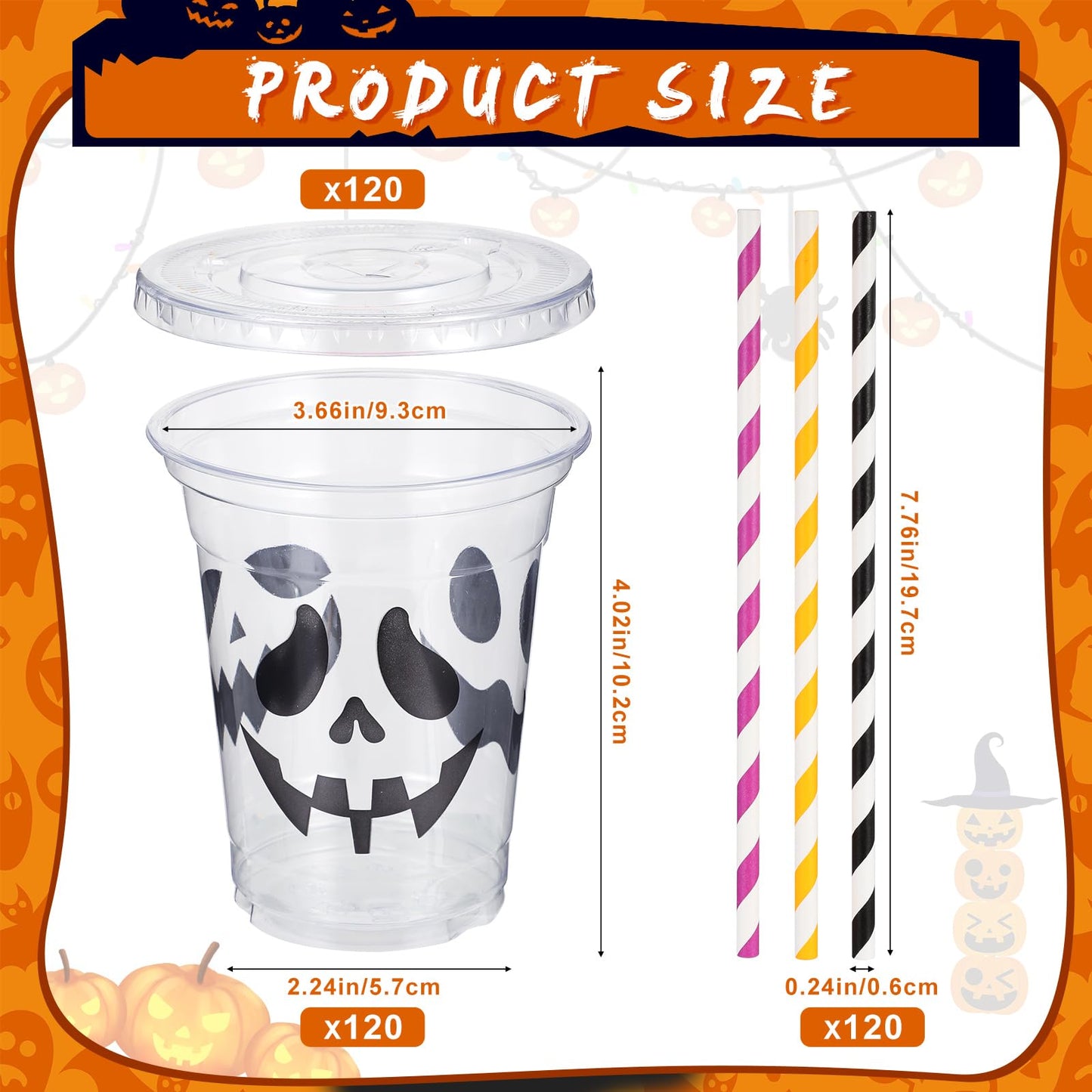 Suttmin 120 Sets Halloween Ghost Disposable Cups 12 oz Plastic Cups with Lids Disposable Drinkware with Paper Straws for Halloween Party Supplies Pirate Events Tableware Decorations Beverage Snacks