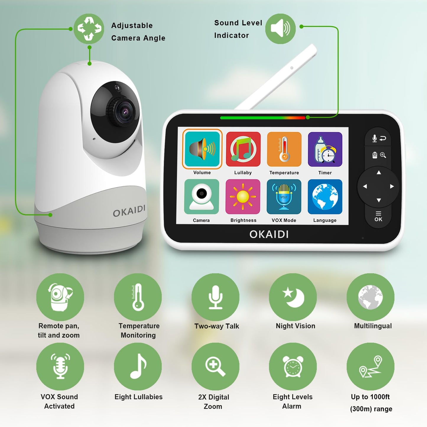 OKAIDI Baby Monitor with Camera and Audio, 5" Large Screen with 30-Hour Battery, 1000ft Range Video Baby Monitor, Remote Pan-Tilt-Zoom Baby Monitor No WiFi, Night Vision, VOX, 2-Way Talk, 8 Lullabies