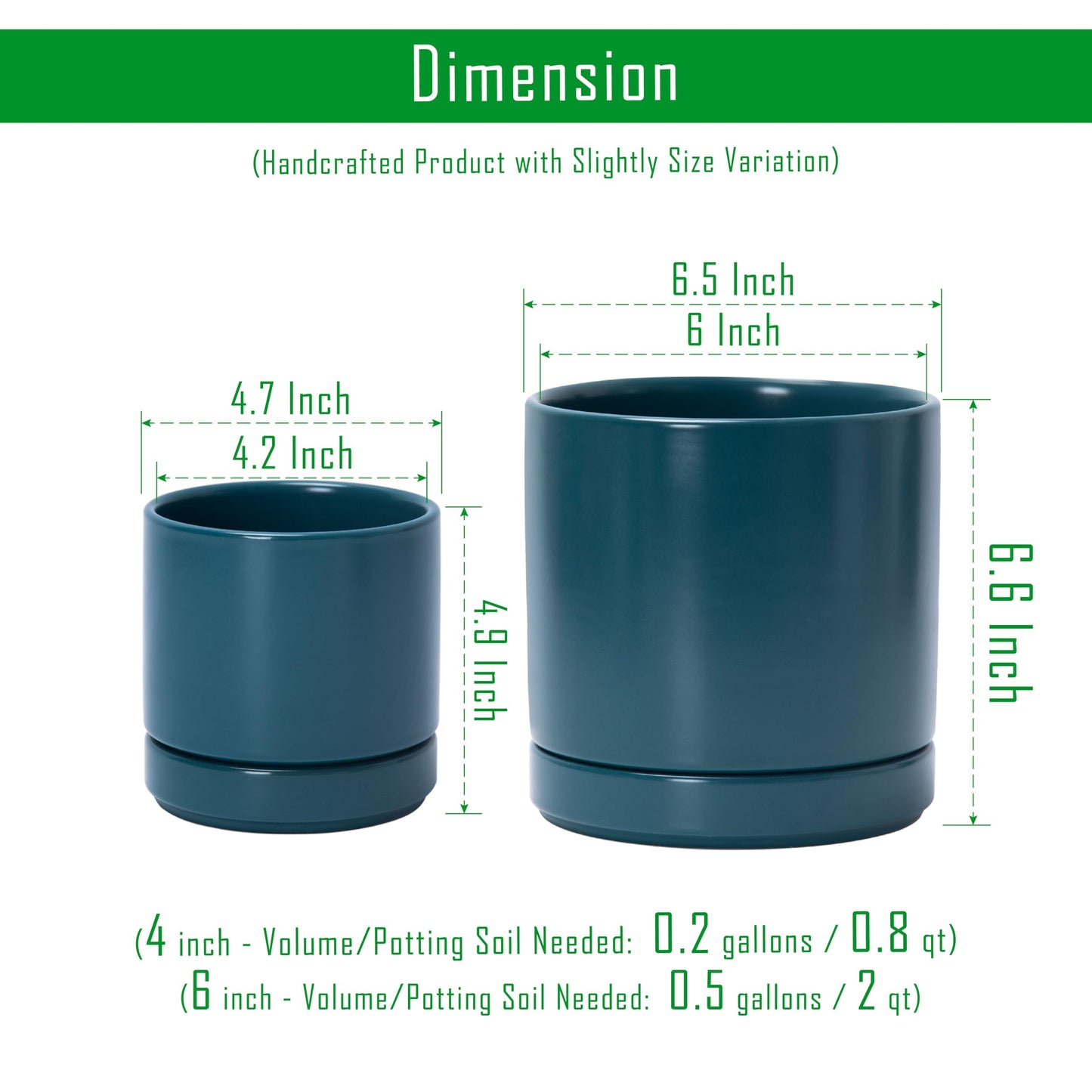 D'vine Dev 4.7 Inch & 6.5 Inch Ceramic Planter Pots for Plants with Drainage Hole and Saucer, Small Plant Pots Set, Teal, 94-G-S-9