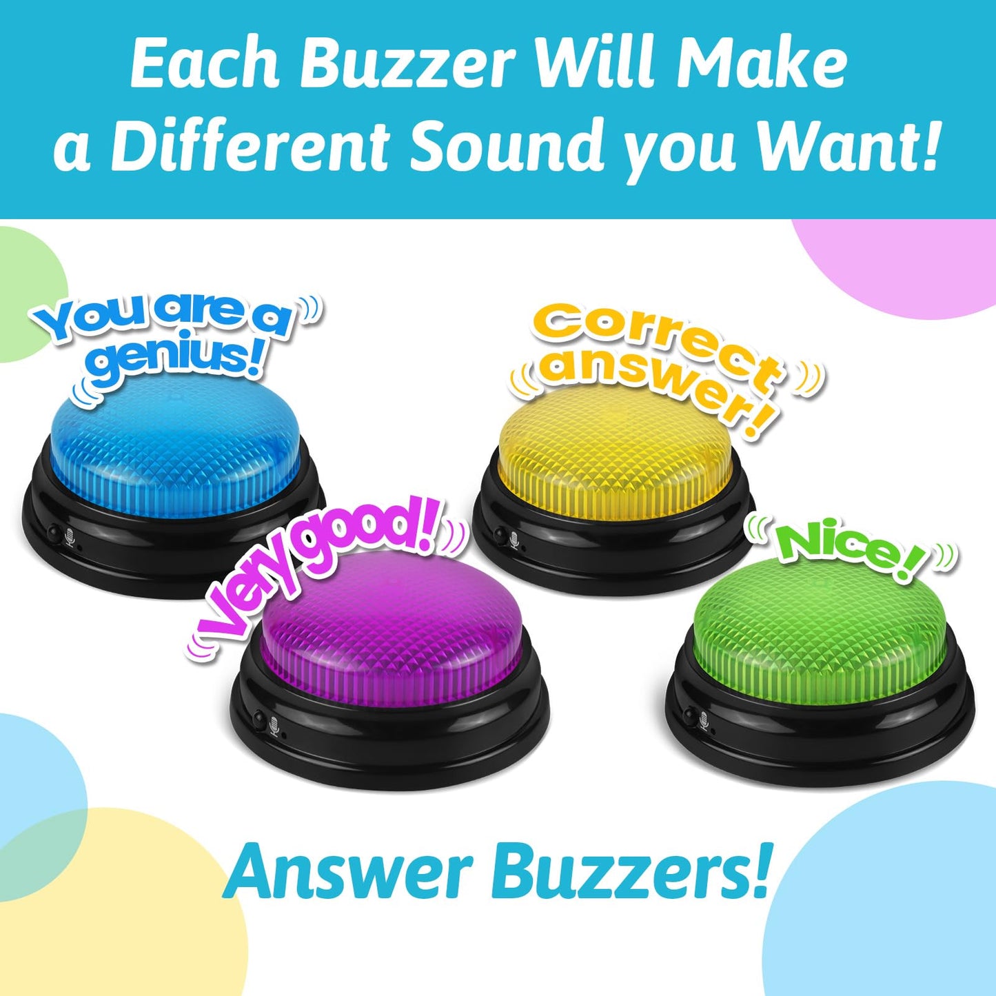 BEAN LIEVE Recordable Answer Buzzers - Set of 4, Personalized Sound, Game Show Buzzers for Family Game, Trivia Nights and Classroom Teaching