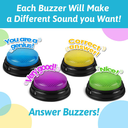 BEAN LIEVE Recordable Answer Buzzers - Set of 4, Personalized Sound, Game Show Buzzers for Family Game, Trivia Nights and Classroom Teaching