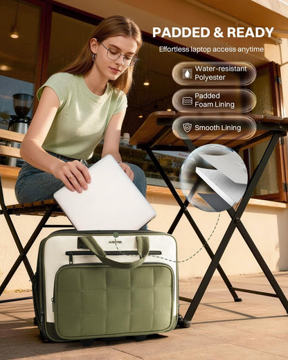 AUROTIER Rolling Puffer Laptop Bag, Rolling Briefcase for Women, Wheeled 16 Inch Computer Bag, Water Resistant Stylish Overnight Underseat Carry On Luggage with Wheels for Work Travel Business, Green