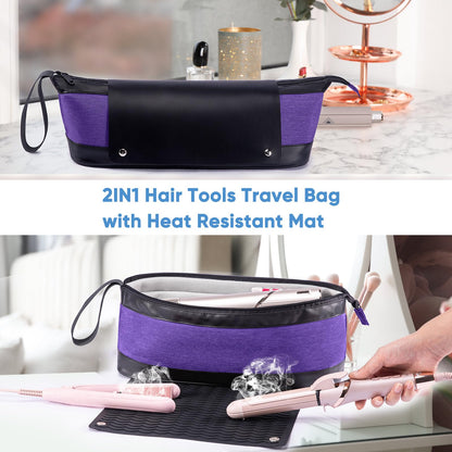 Large Hair Tools Travel Bag with Iron Mat - 2in1 Hair Tools Organizer for Hair Dryer Brush, Flat Irons, Straighteners, Curling Irons, Hair Bag, Makeup Bag, Cosmetic Bag for Travel Essentials