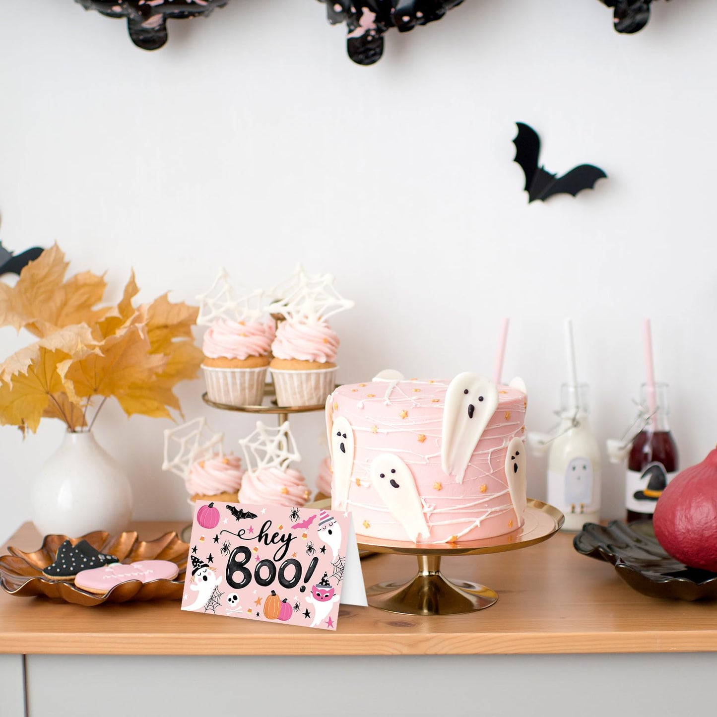 Whaline 24 Pcs Halloween Greeting Cards Boo Ghost Blank Note Cards with Pink Envelopes Stickers for Home Office Classroom Invitations Party Supplies, 4 x 6 Inch