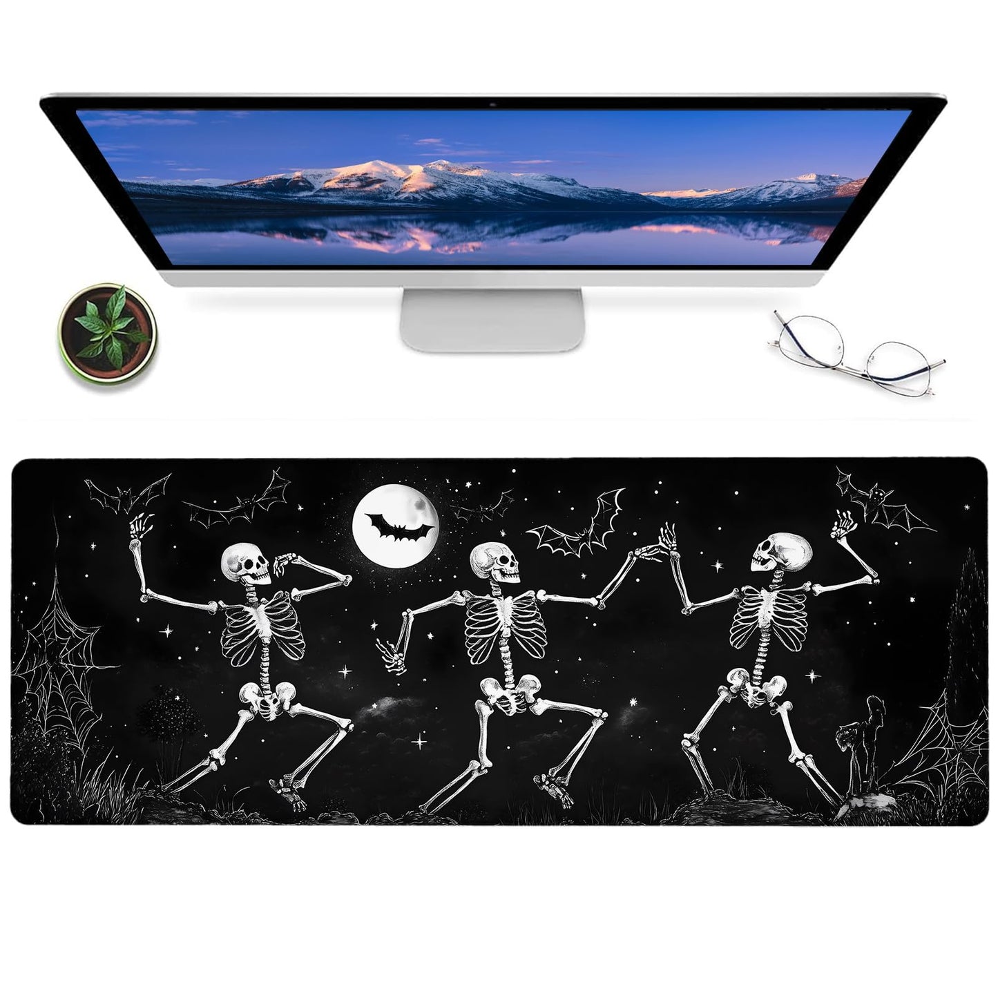 ainori Dancing Skeletons Gaming Mouse Pad – 12x31.5innon-Slip Rubber Desk Mat with Halloween Moonlight Design – Large Extended Mousepad for Office, Home, and Gaming – Deskmat Gifts for Goth Art Decor