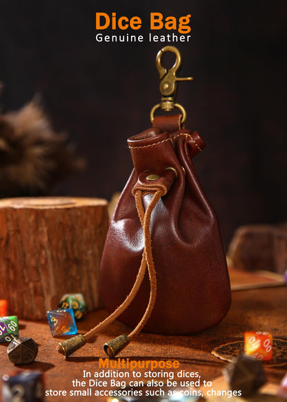 CHULEAG Vintage Medieval Drawstring Belt Pouch, FULL-GRAIN Leather, handmade, portable coin&dice purse with keychain. (small)