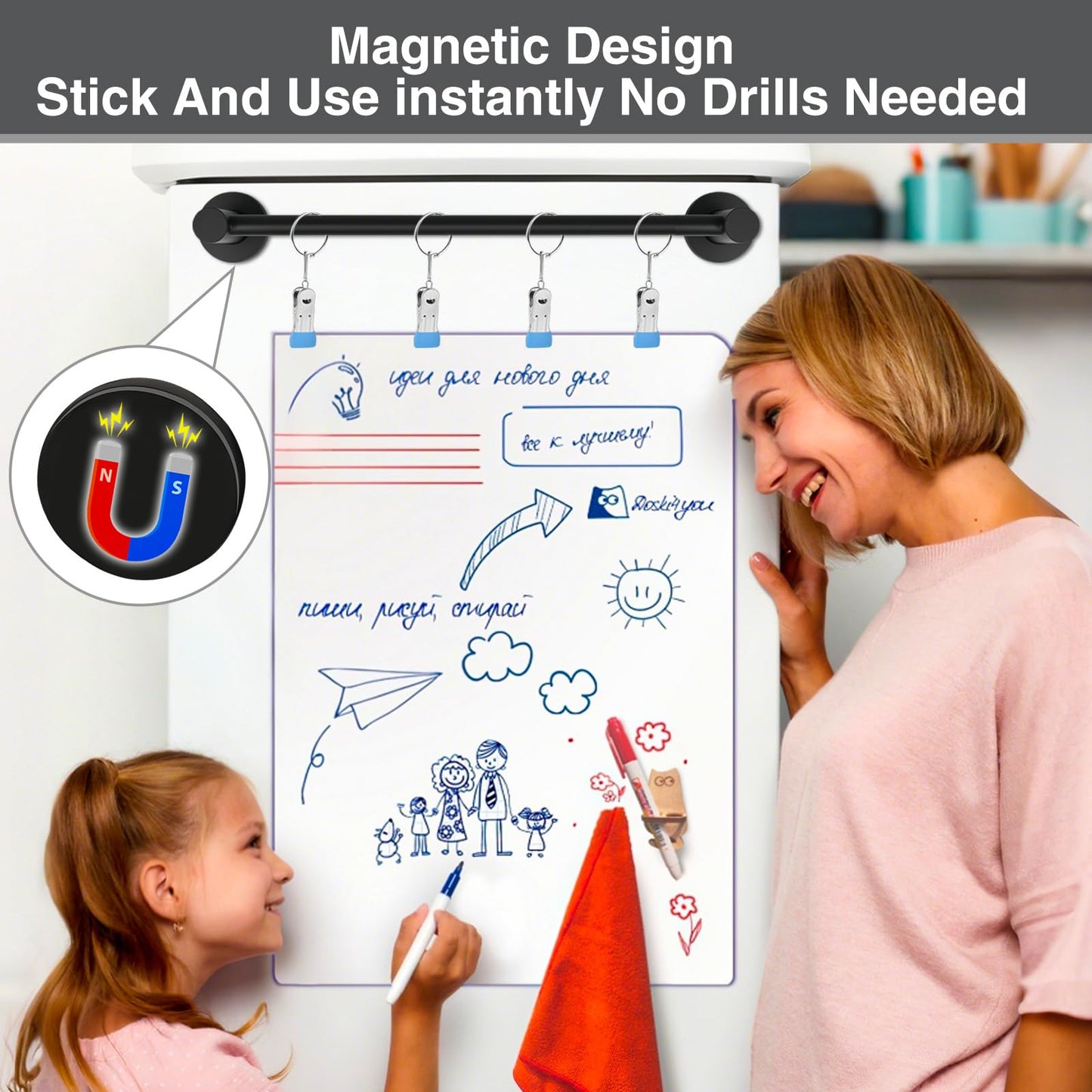 Rukinovi Heavy Duty Magnetic Holder Anchor Chart Organizer,Adjustable Calendar Display for Teachers,Stainless Steel Black 14"-30" Rod with 6 Rings & 4 Clips for Classroom, Home,Kitchen (Black)