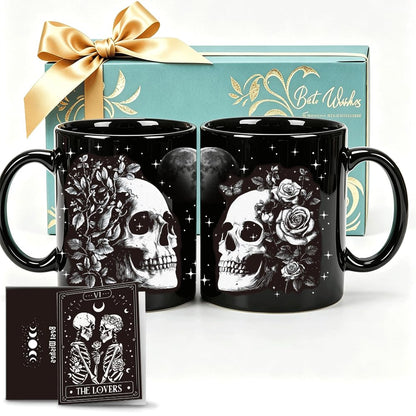 Koouyiedy 2PCS Halloween Mug Gift for Dad, Mom, Couple, Boyfriend, Girlfriend, Goth Gift for Women Men - Skull Mug 11OZ - Witch Gifts for Husband Wife - Gothic Cup with Card
