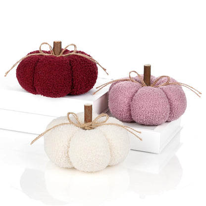 6" Fake Fall Pumpkin Decorations for Home, 3 Pcs Artificial Big Fabric Pumpkins Autumn Decor Faux Pumpkins for decorating, Fall Table Centerpiece Harvest Decor, Halloween Thanksgiving, Burgundy & Pink