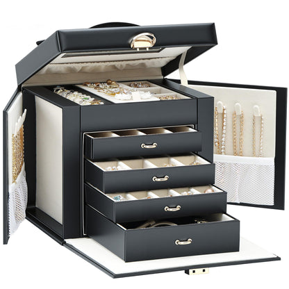 Jewelry Box for Women with Lock, 5-Layer Jewelry Organizer with Mirror & 4 Drawers, Lockable Faux Leather Storage Case for Ring Necklace Bracelet Earring, Elegant Gift for Girls Mom Girlfriend, Black