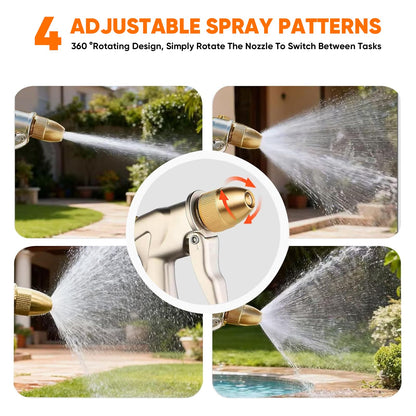 Garden Hose Nozzle, Heavy-Duty Outdoor Water Sprayer with 4 Spray Patterns Leak-Proof Brass Nozzle for Watering Plants, Car Washing, Pet Bathing