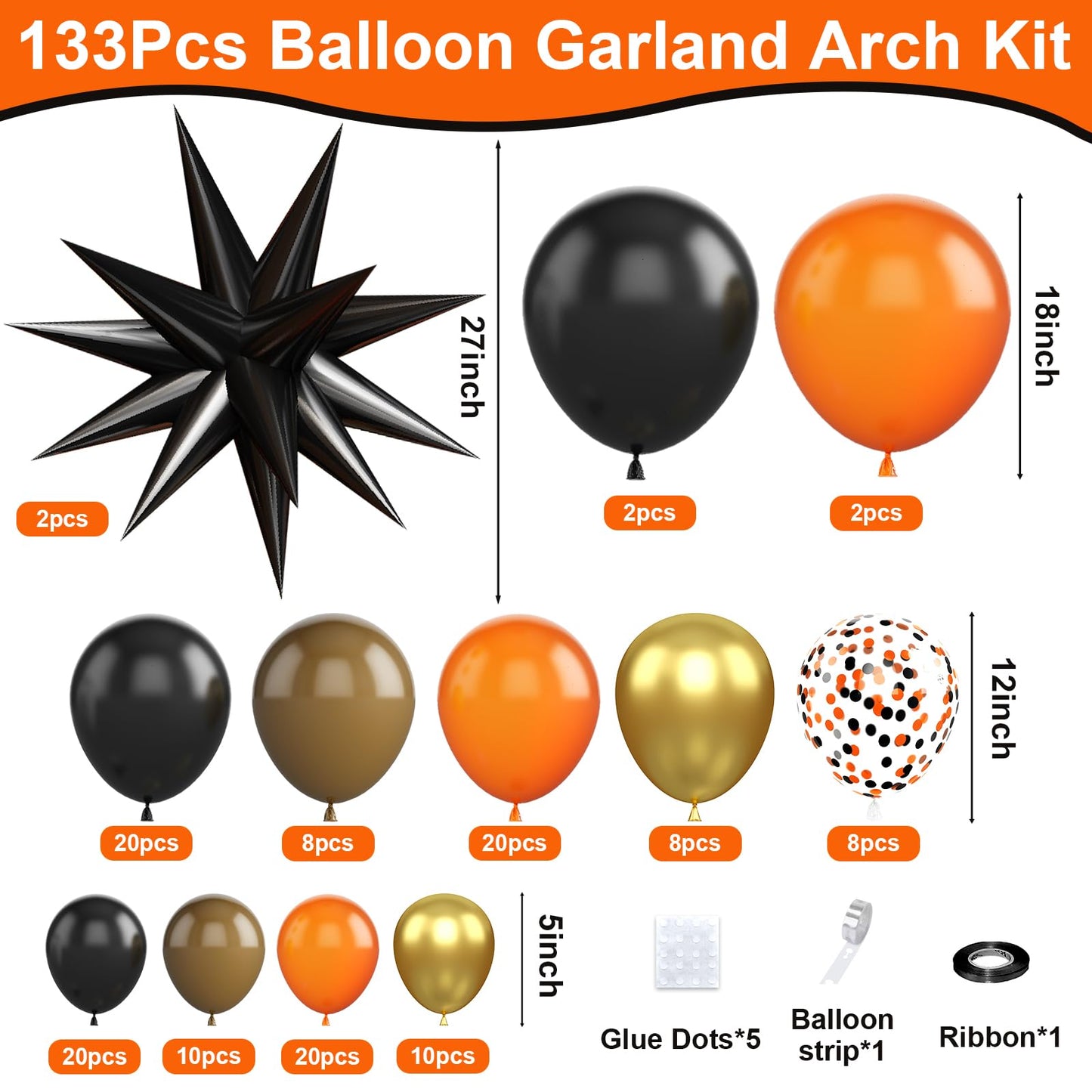 FYUVH Black Orange Arch Kit Garland with Gold Brown Balloons Star Balloon