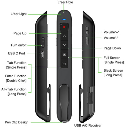 Green Light Clicker for Teachers–USB-C Rechargeable Presentation Clicker, Plug & Play Wireless Remote for PowerPoint/Keynote/Google Slides on Mac, Windows & Laptop, with Hyperlink & Volume Control