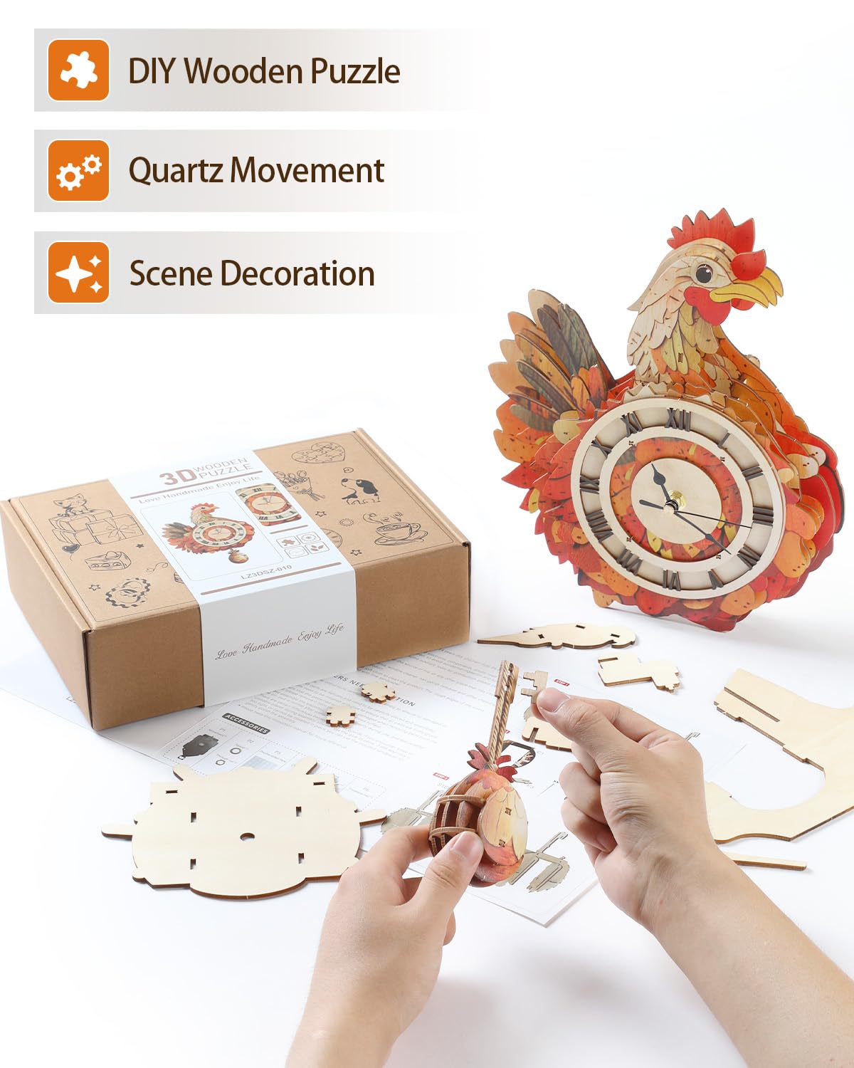 3D Wooden Puzzles for Adults, Hen Wall Clock DIY Set (with Pendulum), Beginner 29 Pcs Wooden Puzzles, Creative Gift Ideas for Adults Teens