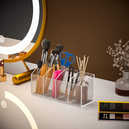 Hexsonhoma Acrylic Pen Holder Organizer 4 Compartments, Clear Makeup Brush Holder, No Drill Wall Mounting Pencil Holder for Office Accessories