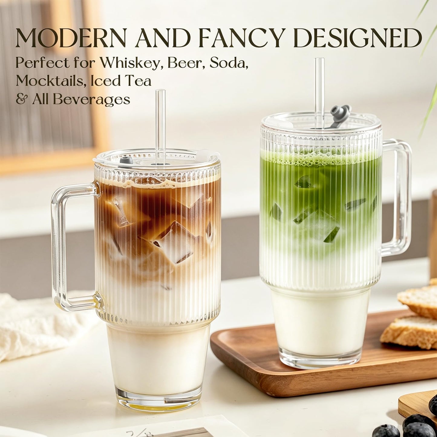 KEMORELA 24oz Ribbed Glass Cups with Lids and Straws,Glass Tumbler with Handle,2 set–Reusable Glass Ice Coffee Cups with Lid and Straw for Smoothies,Tea,Juice,Boba Cup for Cold & Hot Drinks,Travel Cup