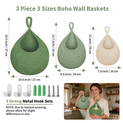 3 Pack Boho Decor Hanging Friut Baskets for Kitchen, Handwoven Cotton Wall Baskets with Hooks 3 Sizes, Hanging Holder Teardrop Produce Basket for Fruit Vegetable Potato Onion Storage, Beige & Green
