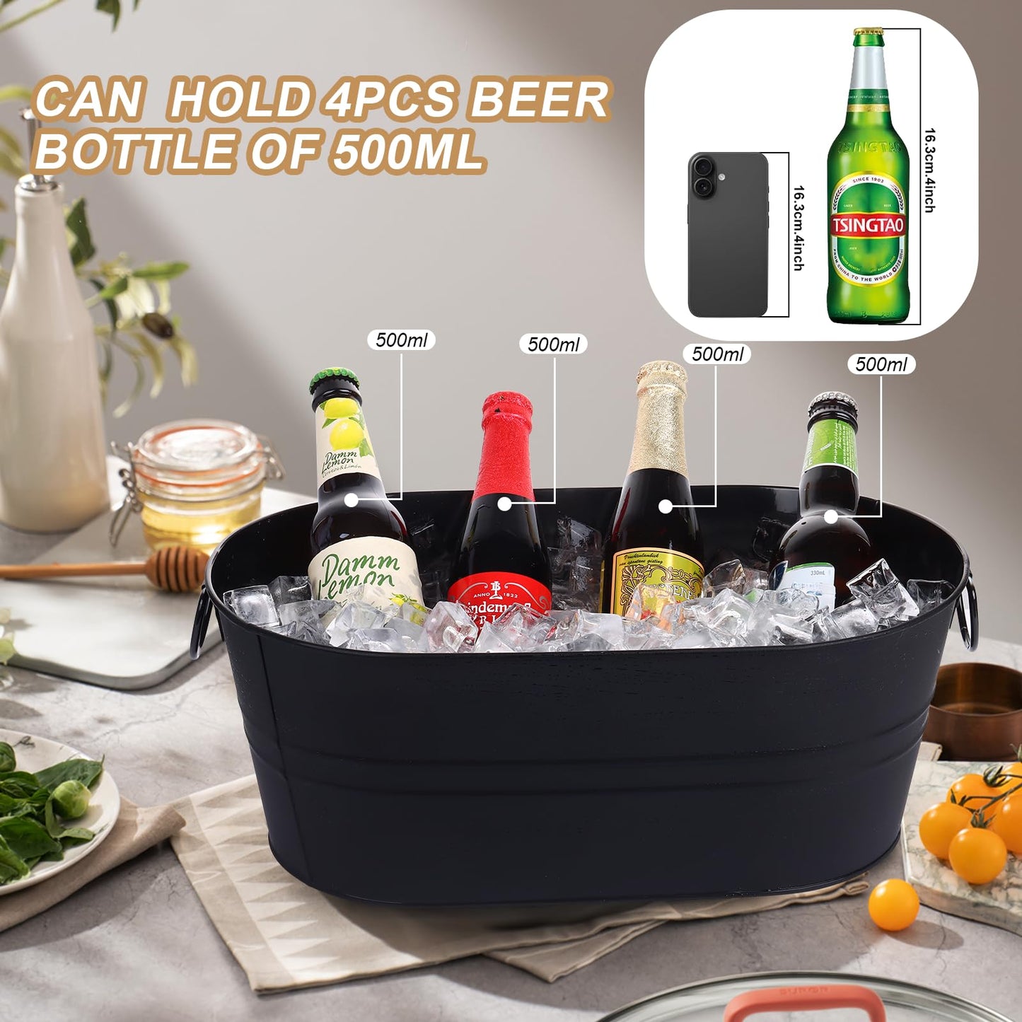 Galvanized Tub Beverage Tubs, 2pcs Metal Ice Buckets for Cocktail Bar 3 Gallon Wine Beer Drink Buckets with Handles Large Tub Cooler Mimosa Bar Supplies Ice Bucket for Parties 15x9.6x6inch (Black)