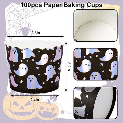 JarThenaAMCS 100Pcs Halloween Paper Baking Cups Holographic Ghost Star Cupcake Wrappers Iridescent Scalloped Edge Cupcake Muffin Cases for Halloween Little Boo Party Supplies