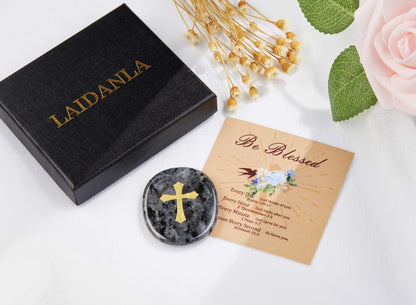 LAIDANLA Black Labradorite Cross Engraved Healing Crystal Worry Stones for Pray Faith Anxiety Relief Oval Palm Stone Polished Natural Crystal Gifts
