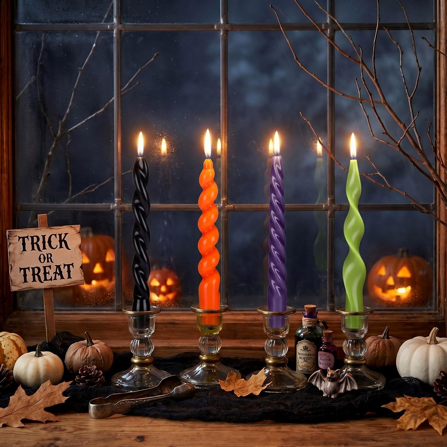 Nuanchu 4 Pcs Twisted Taper Candles Wax Unscented Smokeless Spiral Swirl Candlesticks for Wedding Holiday Dinner Party Home Decorations(7.87 Inch,Pure,Halloween Purple)