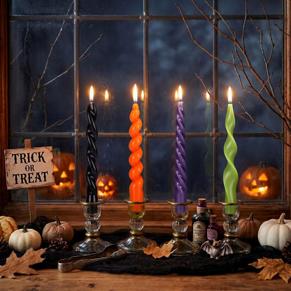 Nuanchu 4 Pcs Twisted Taper Candles Wax Unscented Smokeless Spiral Swirl Candlesticks for Wedding Holiday Dinner Party Home Decorations(7.87 Inch,Pure,Halloween Purple)