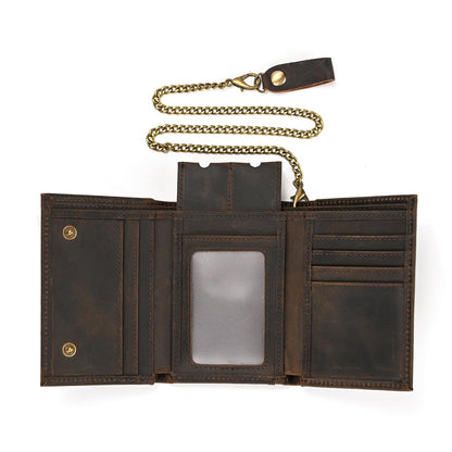 Yevabo Men's Full Grain Leather Trifold Wallet with Chain - Vintage Full Grain Leather Short Purse for Men with Multi-Card Slots, ID Window, Key Holder, Dark Brown