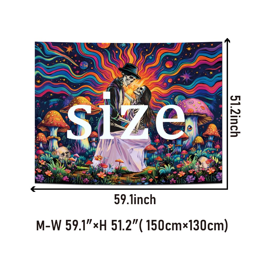 Heopapin Blacklight Skull Tapestry UV Reactive Neon Mushroom Wall Hanging Fantasy Galaxy Space Tapestries Skeleton Lovers Plants Floral Tapestry for Bedroom 59.1L x 51.2W