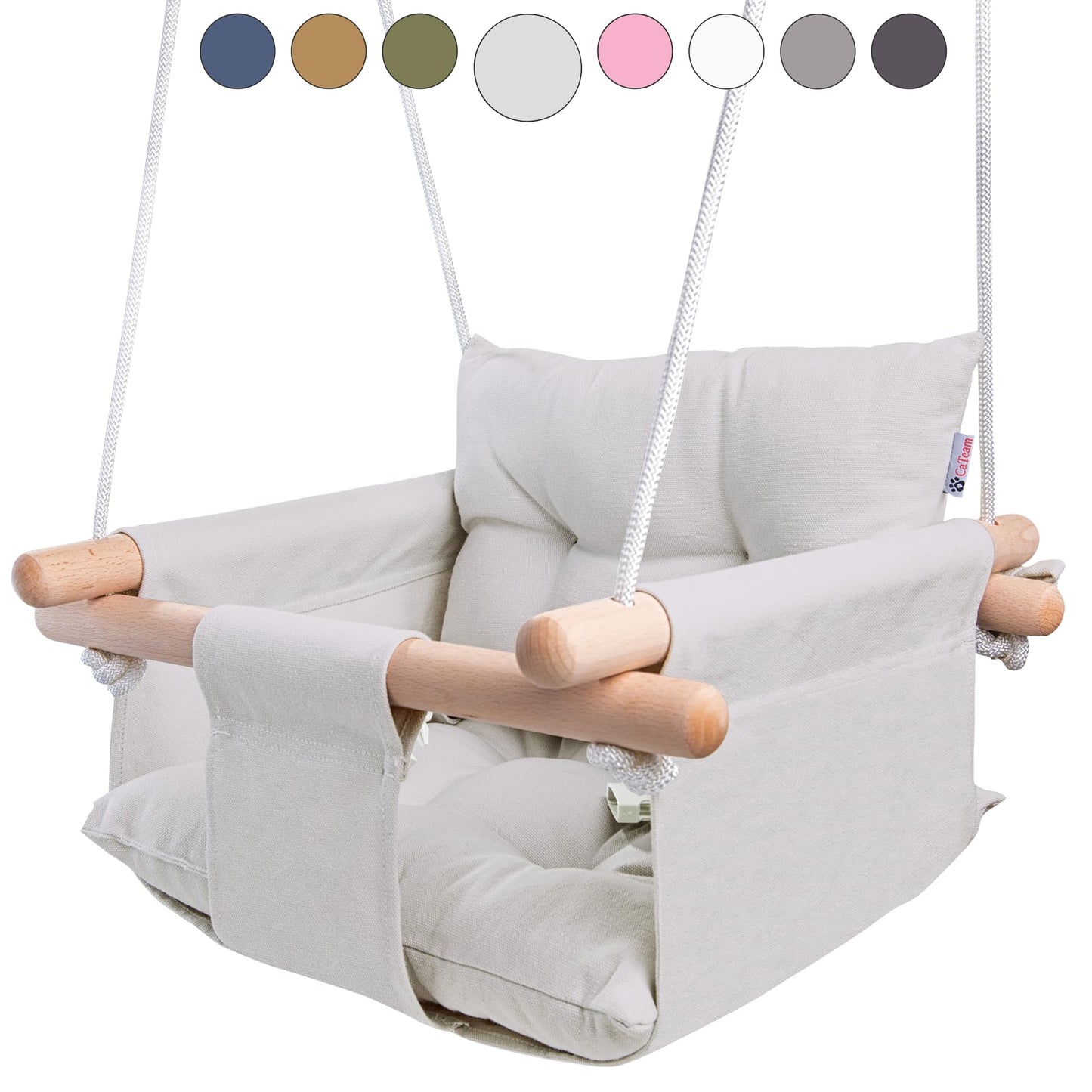 CaTeam - Canvas Baby Swing, Wooden Hanging Swing Seat Chair with Safety Belt, Durable Baby Swing Chair, Outdoor and Indoor Swing for Kids, Mounting Hardware Included, Gray