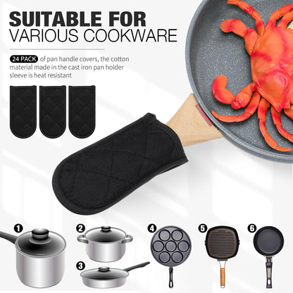 Dandat 24 Set Hot Handle Covers for Daily Replace Use Gift Pan Handle Sleeve Covers Heat Resistant Cast Iron Holder Sleeve Washable Handgrip Mitts for Christmas Kitchen Gifts Craft (Black)