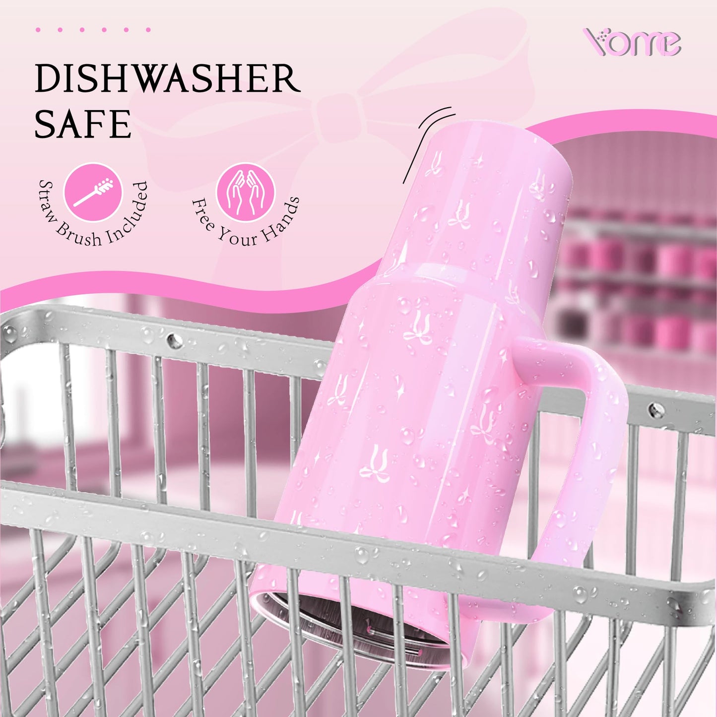 YOME 40 oz Bow Pink Tumbler with Handle and Flip Straw for Women | Stainless Steel Insulated Water Bottle | Keeps Drinks Cold | Dishwa